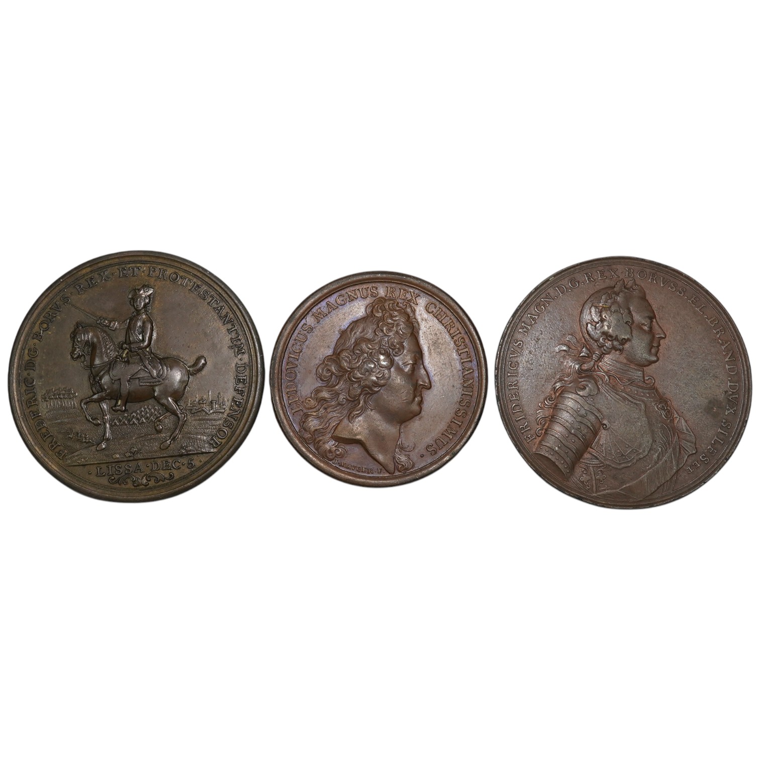 European Historical medals, Louis XIV, naval action off Beachy Head [Bévéziers], French copper medal, 1690, by J. Mauger, 41mm (MI 708/120; Divo 229; MH. 108), about EF, and two Frederick the Great medals - Battle of Pra